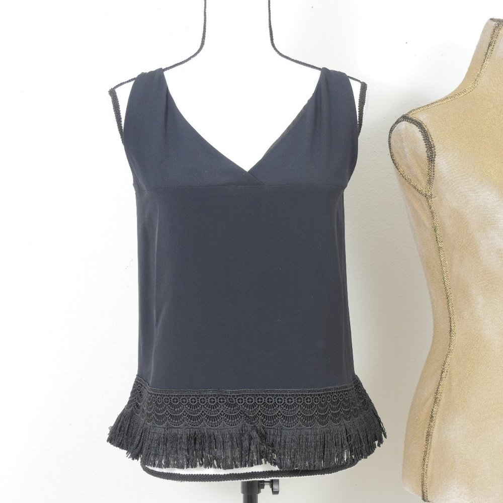Costume National Black Tank Fringe Bottom V Neck SZ 38/M Top